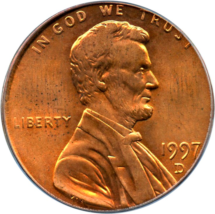 image for: Mint Error: 1997-D 1c PCGS MS64 RD (Stk on Foreign 1.9g Plan)