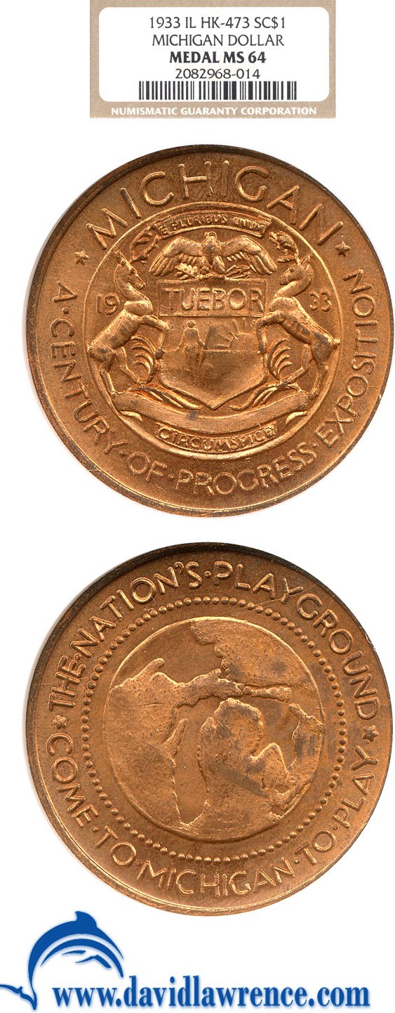 image for: 1933 SC$1 Michigan Dollar Medal NGC MS64 (IL HK-473)