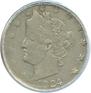image for: Mint Error: 1884 5c PCGS XF45 (On 42grs Foreign C/N Pln)