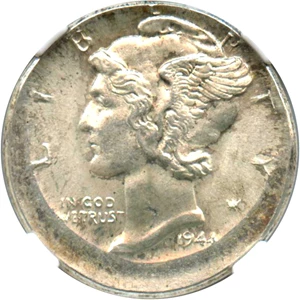 image for: Mint Error: 1944 10c NGC MS66 FB (Broadstruck, Uncentered)