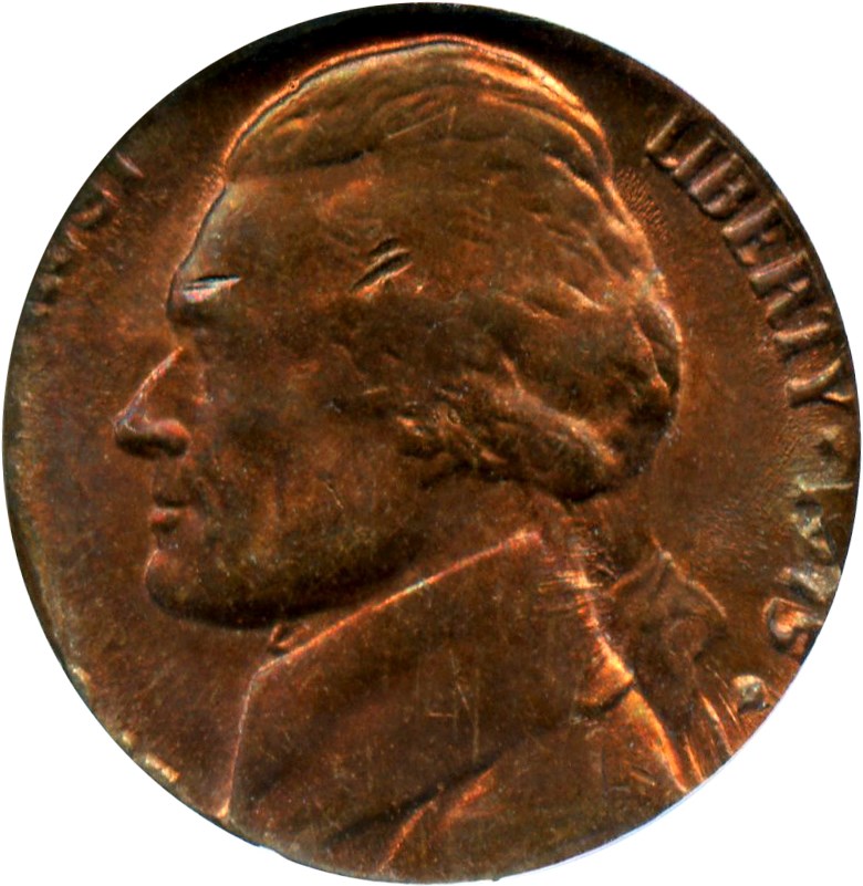 image for: Mint Error: 1975-D 5c NGC MS64 RB (Struck on 1c Planchet, 3.1 Grams)