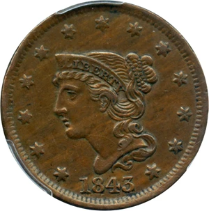 image for: 1843 1c PCGS/CAC AU50 (Petite Head, Small Letters)