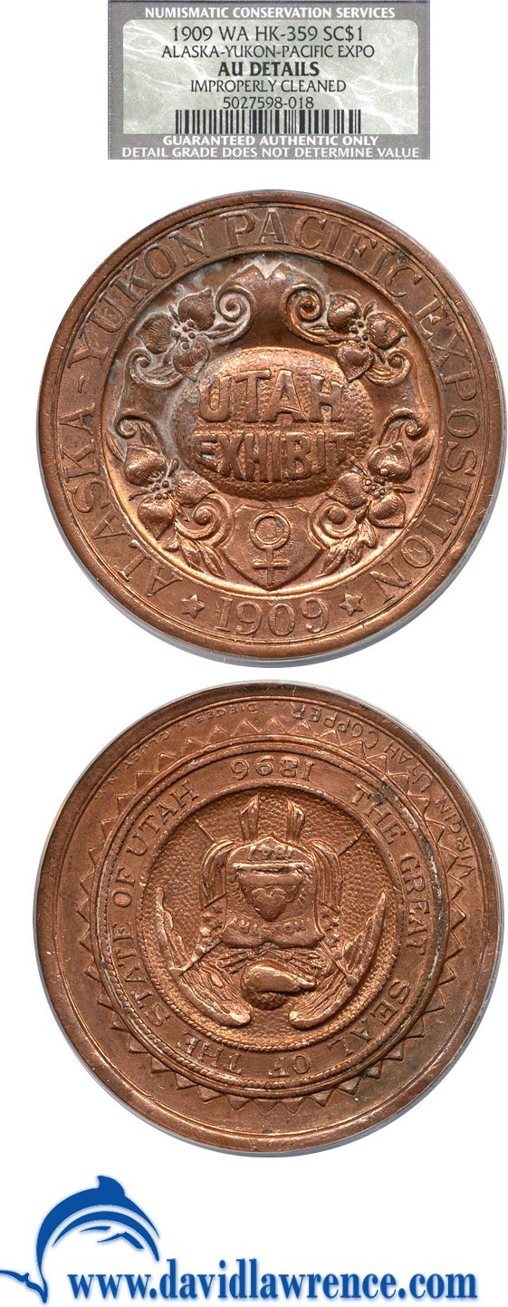 image for: 1909 SC$1 Alaska-Yukon-Pacific Exposition Medal NCS AU Details (Imporperly cleaned) (WA HK-359) 