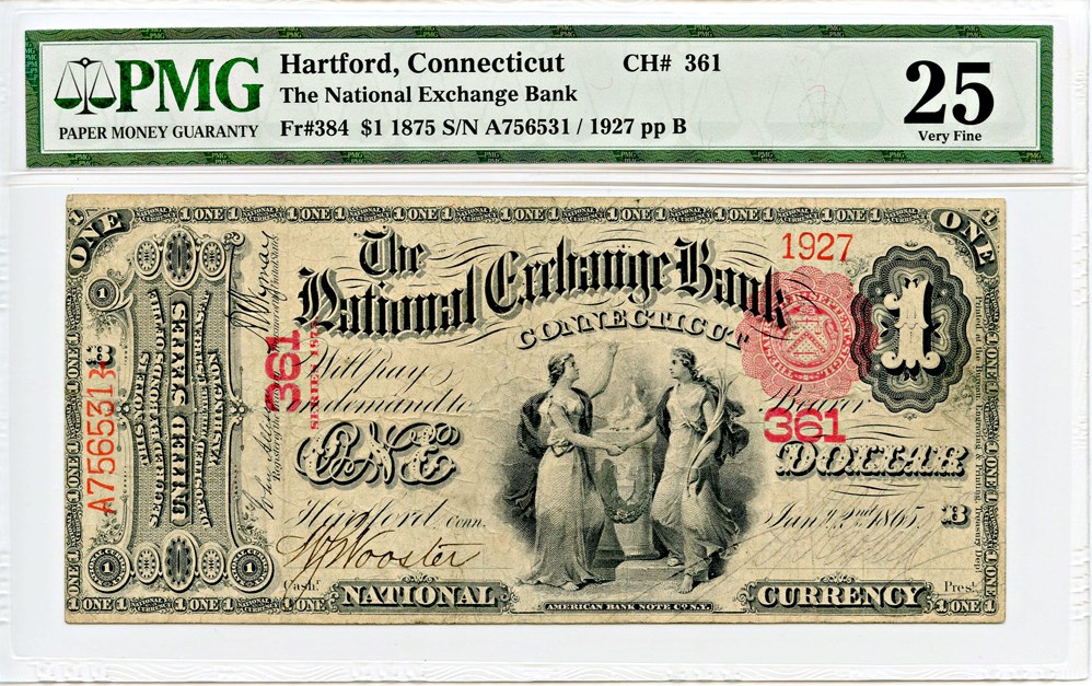 image for: FR. 384 1875 1st Charter Period $1 National Exchange Bank Note Hartford, CT PMG Very Fine 25