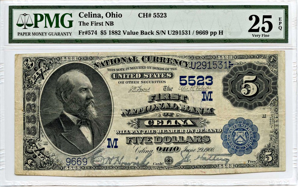 image for: FR. 574 1882 2nd Charter Period 3rd Issue Value Back $5 National Bank Note Celina, OH PMG Very Fine 25