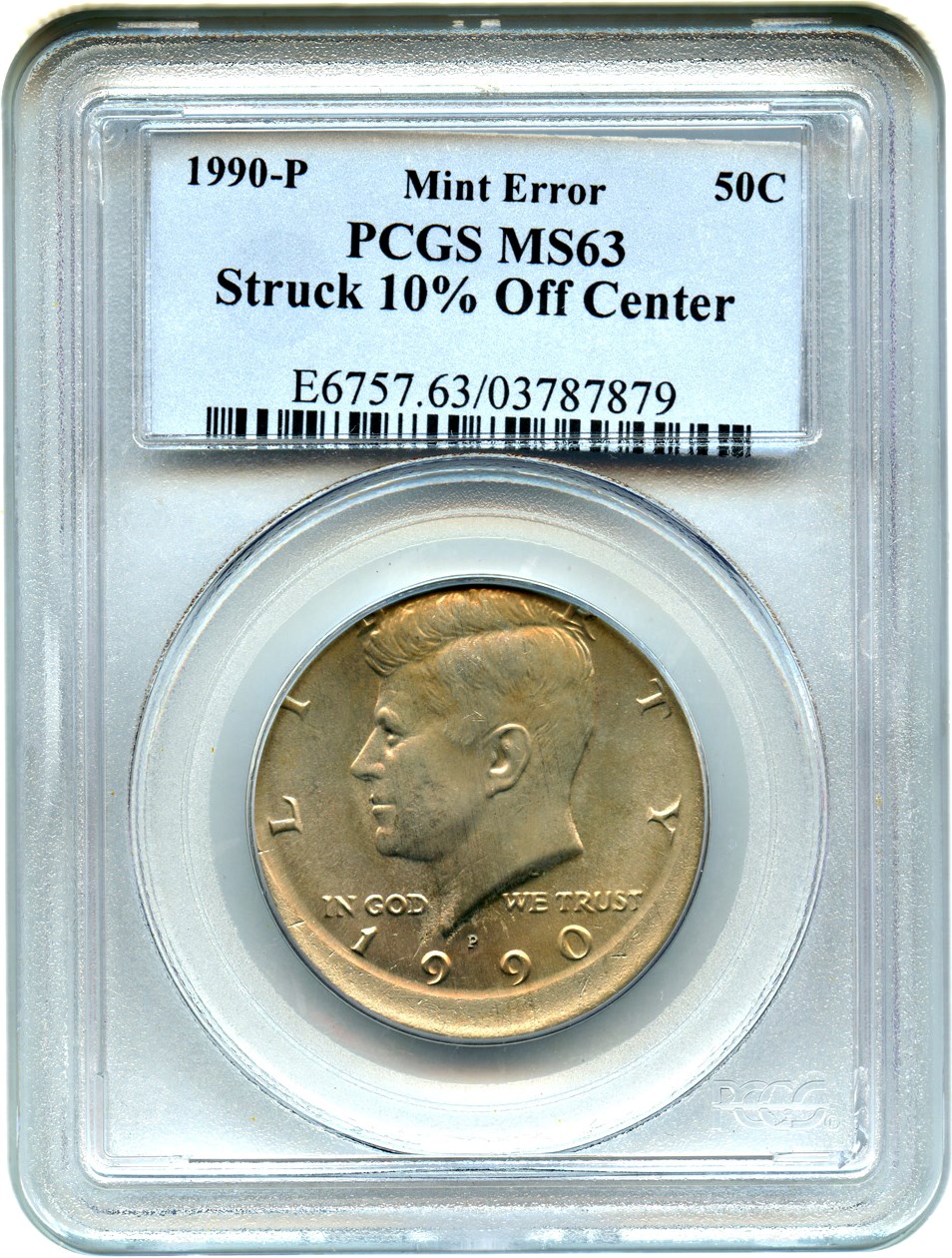 image for: Mint Error: 1990-P 50c PCGS MS63 (Struck 10% Off Center)