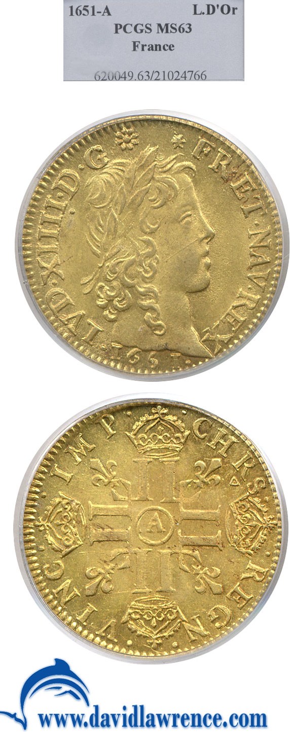 image for: France: 1651-A Louis D'or PCGS MS63 (KM 157.1)