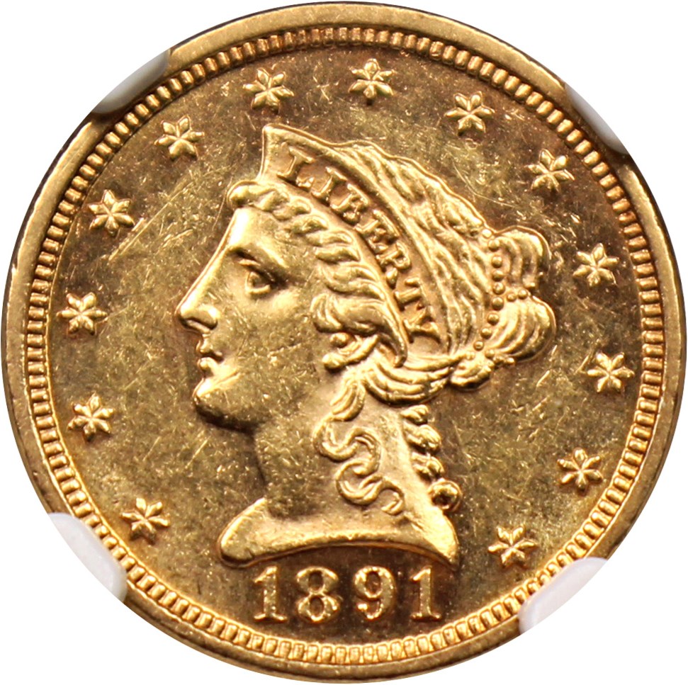 image for: 1891 $2 1/2 NGC MS61 (Double Die Reverse)
