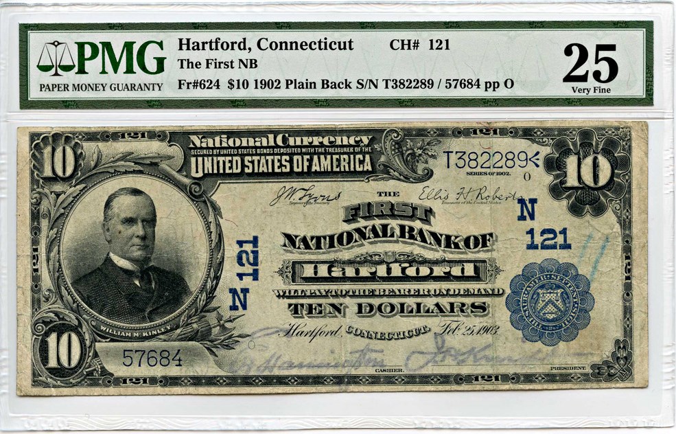 image for: FR. 624 1902 Third Charter Period 3rd Issue Plain Back $10 National Bank Note Hartford, CT PMG Very Fine 25