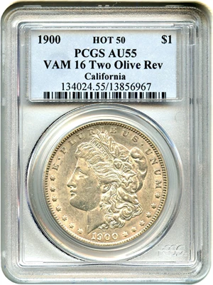 image for: Hot 50 VAM: 1900 $1 PCGS AU55 (VAM-16, Two Olive Rev)