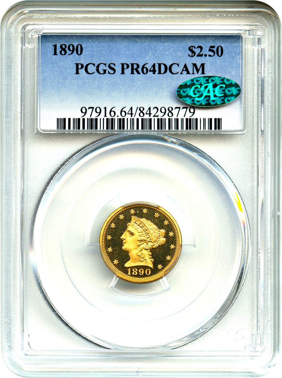 image for: 1890 $2 1/2 PCGS/CAC Proof 64 DCAM