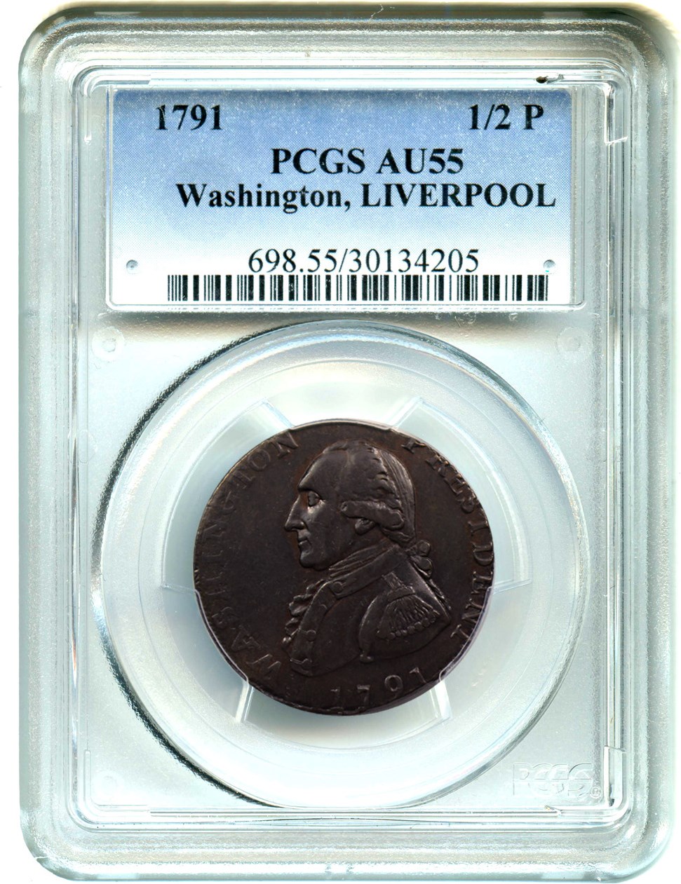 image for: 1791 Washington Liverpool Halfpenny PCGS AU55