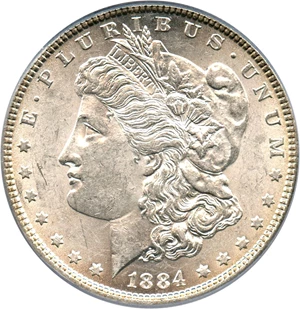 image for: Top 100 VAM: 1884 $1 PCGS AU58 (VAM-3, Large Dot)