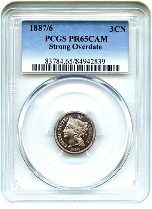image for: 1887/6 3cN PCGS Proof 65 CAM (Strong Overdate)