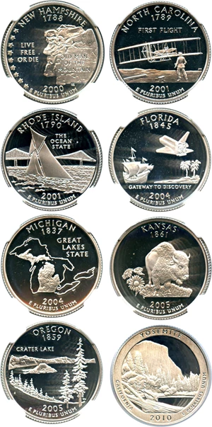 image for: Lot of Silver Statehood Quarters 2000 - 2010-S 25c NGC/PCGS Proof 69 UCAM (Silver, 8 Coins)