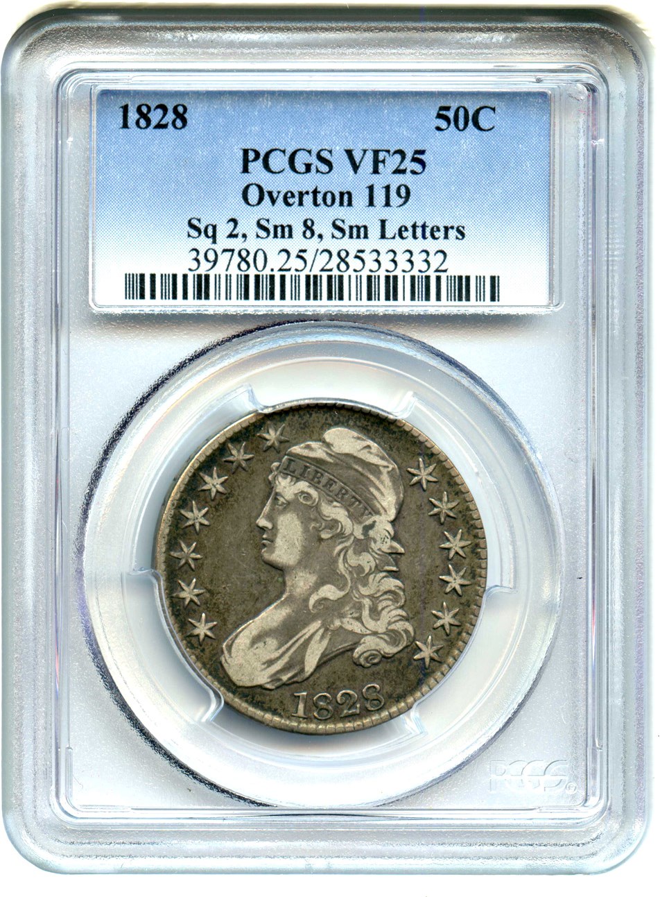 image for: 1828 50c PCGS VF25 (Overton 119, Sq 2, Sm 8, Sm Let.)