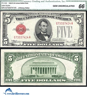 image for: Fr.1530 1928-E $ 5 CGA Gem CU 66