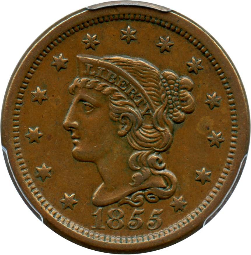 image for: 1855 1c PCGS AU55 (Slanted 55)