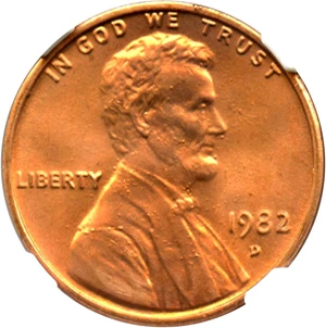 image for: 1982-D 1c NGC MS67 RD (Zinc, Large Date)
