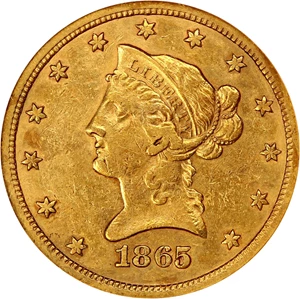 image for: 1865-S $10 ANACS XF45 (865/ Inverted 186)