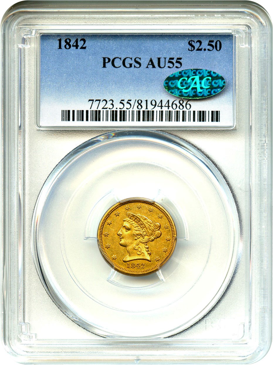 image for: 1842 $2 1/2 PCGS/CAC AU55
