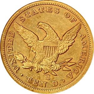 image for: 1865-S $10 ANACS XF45 (865/ Inverted 186)
