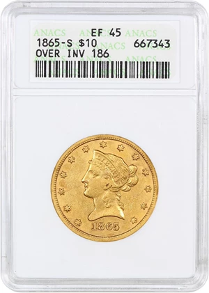 image for: 1865-S $10 ANACS XF45 (865/ Inverted 186)