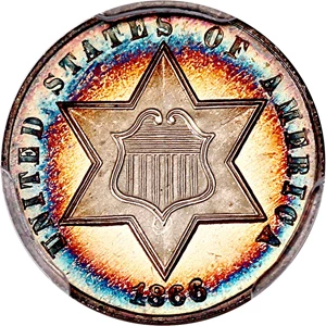 image for: 1866 3cS PCGS/CAC Proof 66 CAM ex: D.L. Hansen