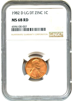 image for: 1982-D 1c NGC MS68 RD (Zinc, Large Date)