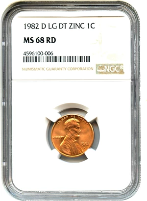 image for: 1982-D 1c NGC MS68 RD (Zinc, Large Date)