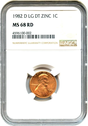 image for: 1982-D 1c NGC MS68 RD (Zinc, Large Date)