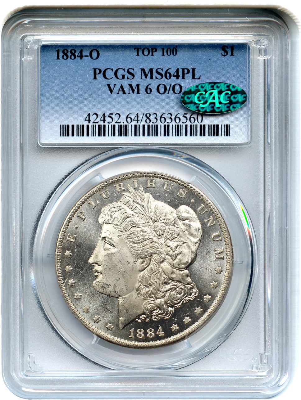 image for: Top 100 VAM: 1884-O $1 PCGS/CAC MS64 PL (VAM-6, O/O)