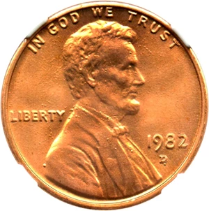 image for: 1982-D 1c NGC MS67 RD (Zinc, Large Date)