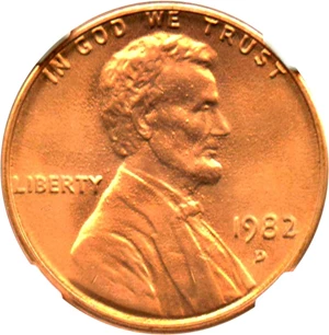 image for: 1982-D 1c NGC MS67 RD (Zinc, Large Date)