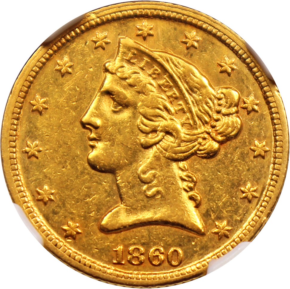 image for: 1860-C $5 NGC/CAC AU55+