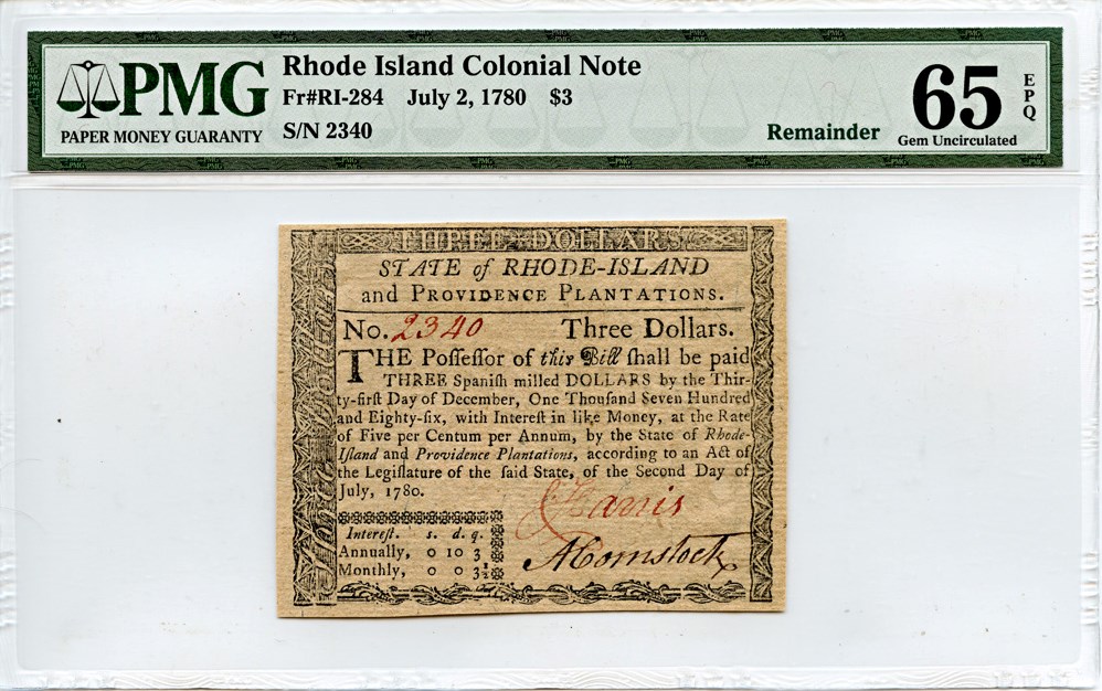 image for: FR. RI284 1780 2-Jul $3 Colonial Note PMG Gem Unc 65 EPQ