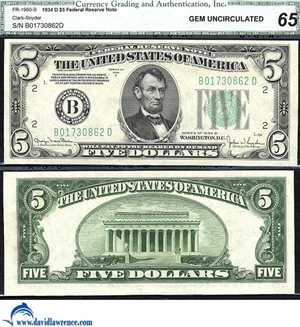 image for: Fr.1960-B 1934D $5 CGA Gem CU 65