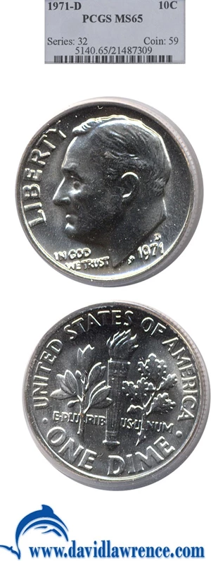 image for: 1971-D 10c PCGS MS65