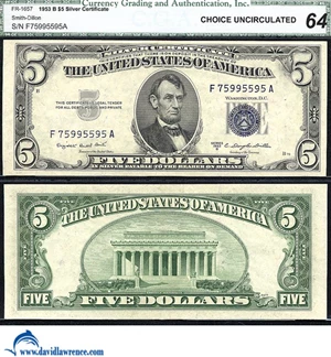 image for: Fr.1657 1953-B $ 5 CGA Choice CU 64