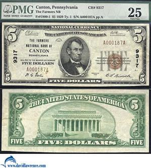 image for: Fr.1800-1 1929 $5 Type 1 PMG VF25 #9317. Canton, PA.