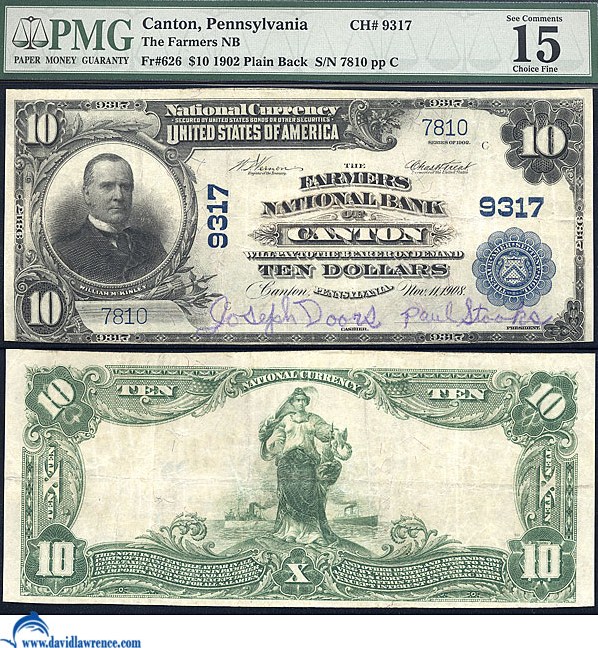 image for: Fr.626 1902 $10 3rd Charter, Plain Back PMG F15 #9317. Canton, PA. (Enhanced Signatures)