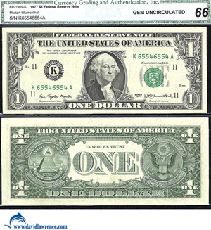 image for: Fr.1909-K 1977 $1 CGA Gem CU 66 *Serial K65546554A*