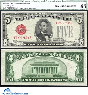 image for: Fr.1528 1928-C $ 5 CGA Gem CU 66
