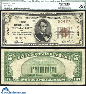 image for: Fr.1800-1 1929 $5 Type 1 CGA VF35 #7759. Powhatan Point, OH.