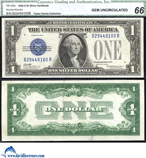 image for: Fr.1603 1928-C $ 1 CGA Gem CU 66 ex: Taylor Family Collection