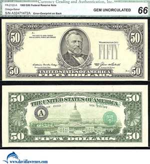 image for: Fr.2122-A 1985 $50 CGA Gem CU 66 *Error -- Overprint on Back*