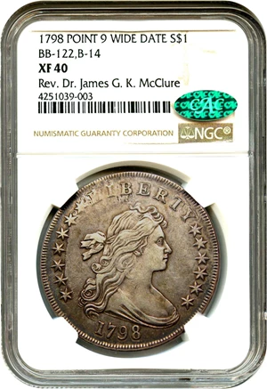 image for: 1798 Large Eagle $1 NGC/CAC XF40 (Point 9 Wide Date, B-14, BB-122)