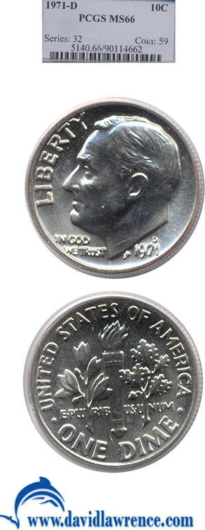 image for: 1971-D 10c PCGS MS66