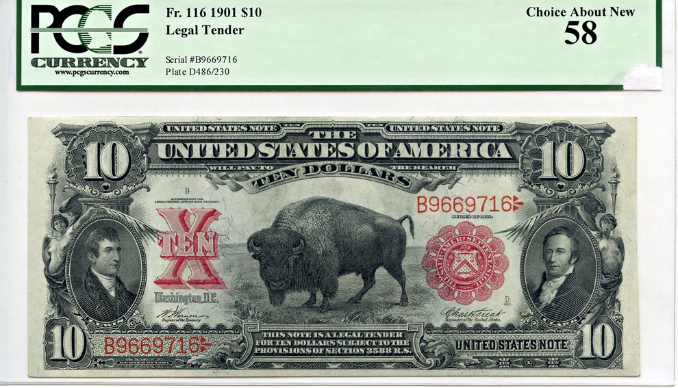 image for: FR. 116 1901 Bison $10 Legal Tender PCGS About New 58