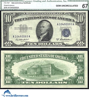 image for: Fr.1707 1953-A $10 CGA Gem CU 67